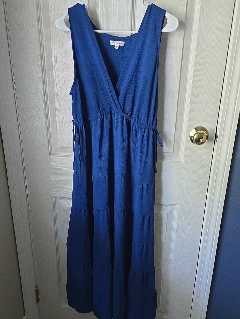 Sleeveless Cobalt Blue Tiered Wrap Maxi Dress with Side Ties